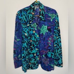 Vintage Faith Green Purple Floral Soft Rayon Beaded Button Up Blazer Women’s M